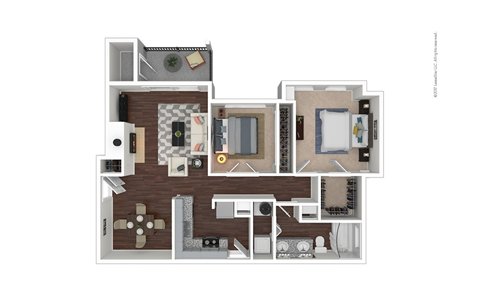Floor plan for 2 beds, 1 bath, 956 sqft